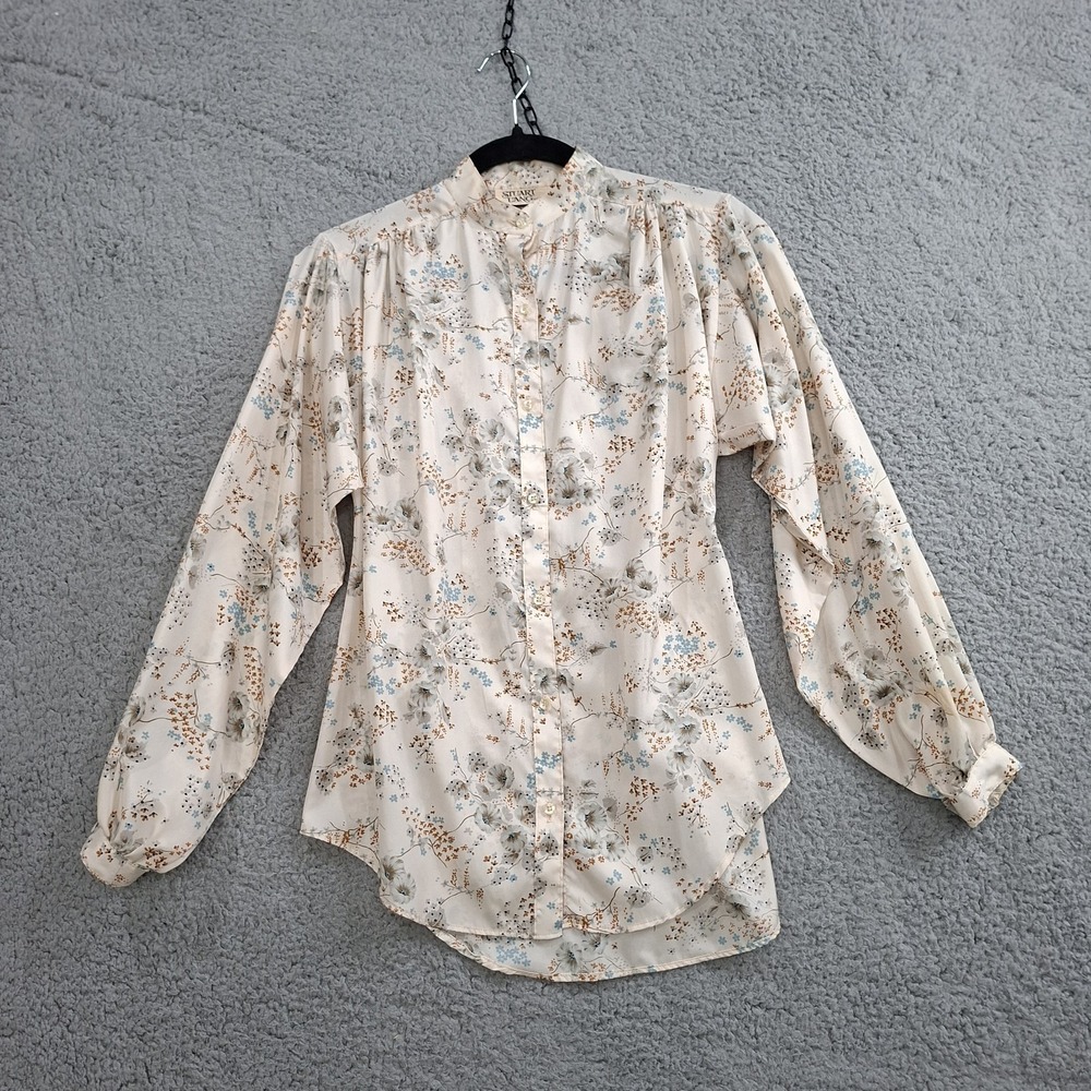 Vtg Stuart‎ Lang Top sz 4 Semi Sheer Blouse High Collar Bishop Sleeve Button Up